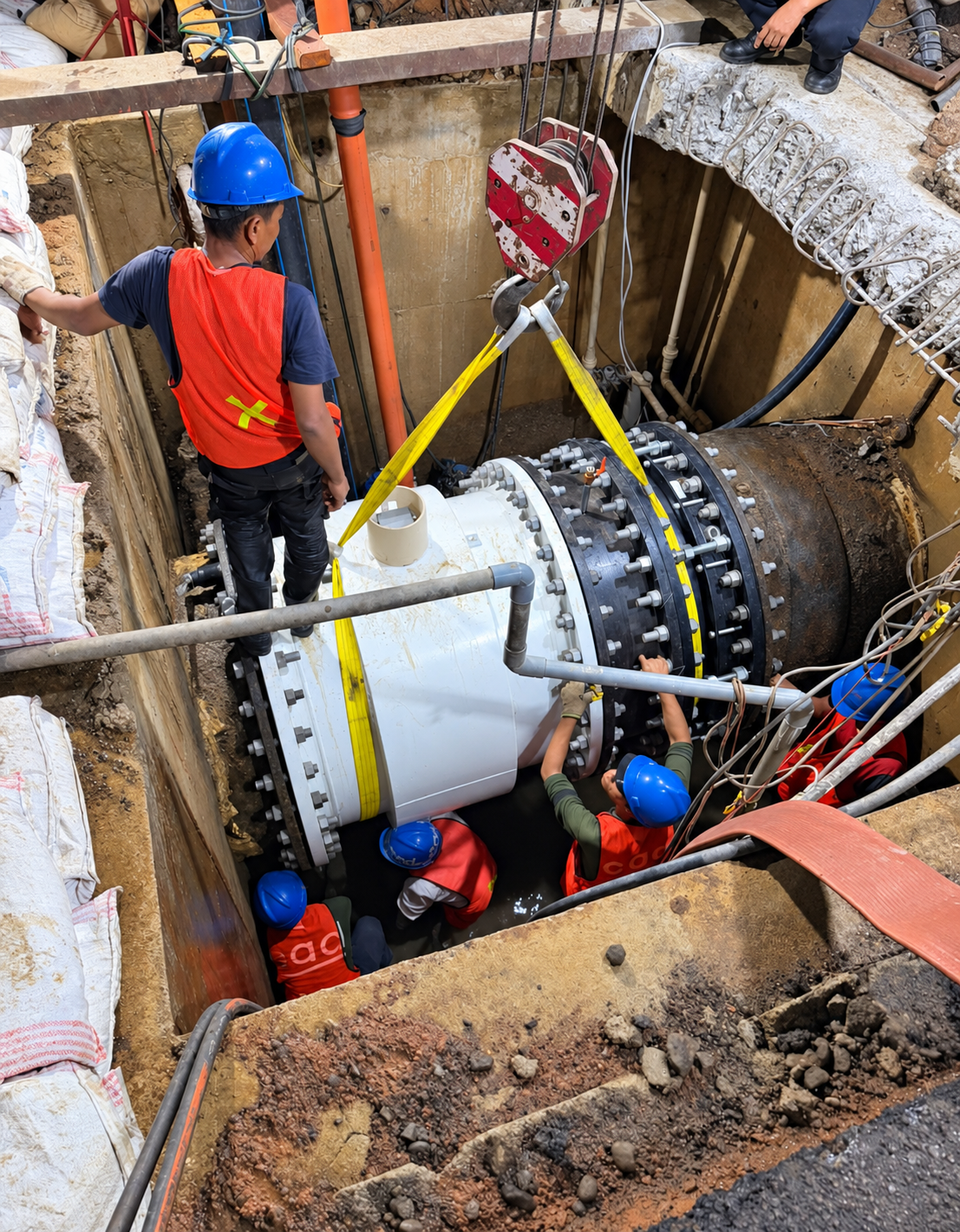 Installation team, yellow lifting slings and a large bolted pipe assembly at CR5, Tangerang