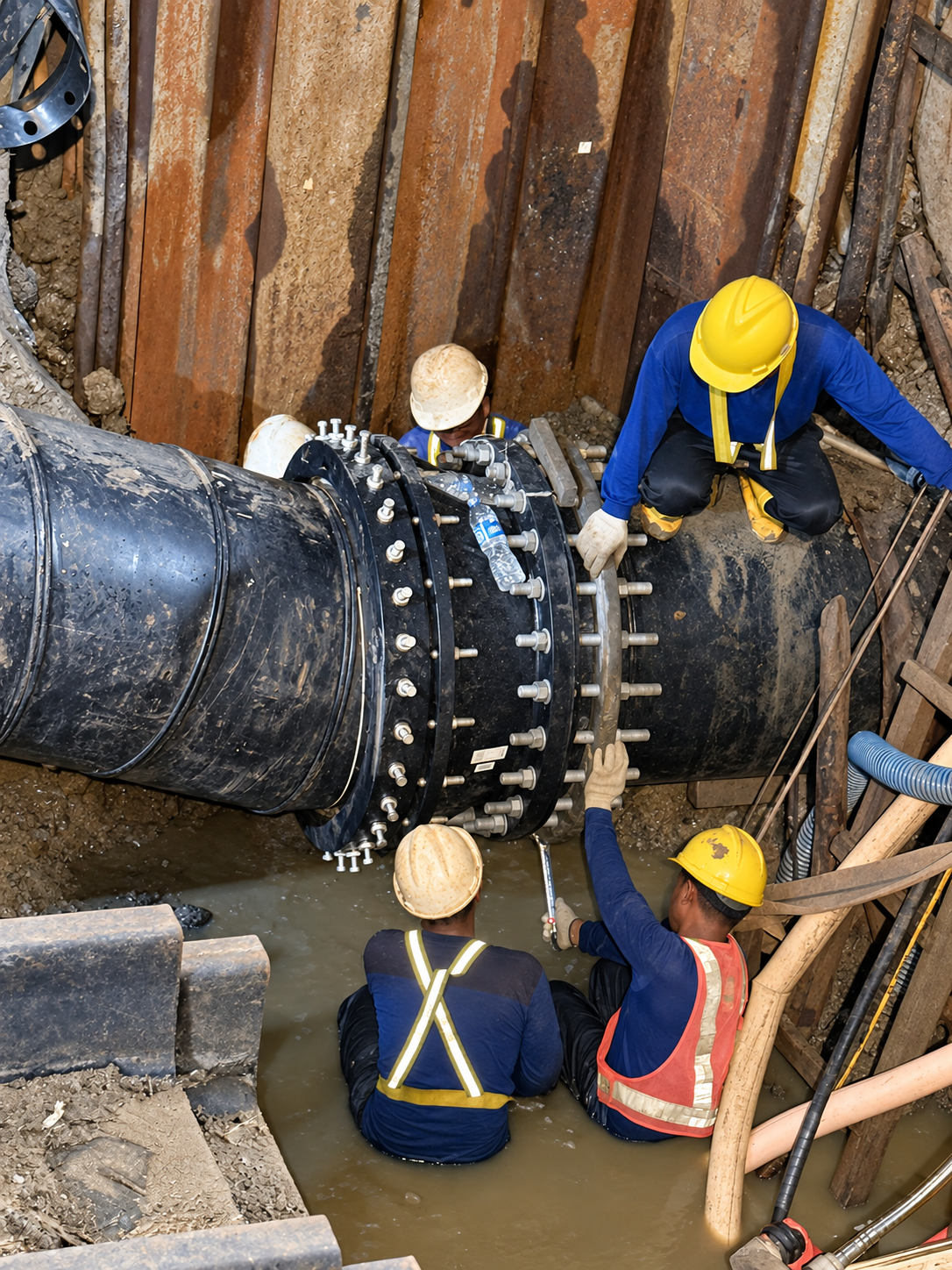 The UltraGrip joint and installation team within the excavation.