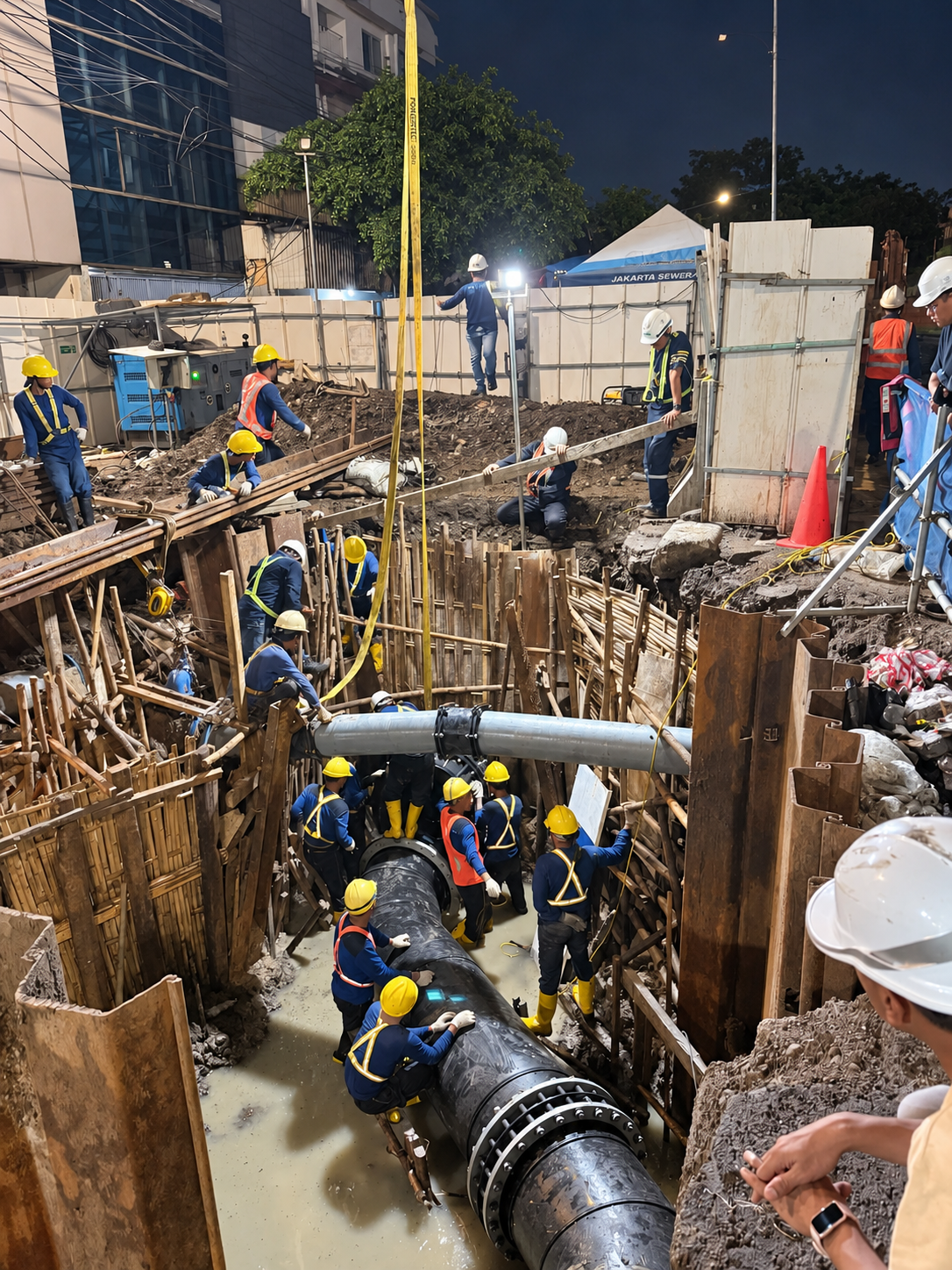 Nighttime overview of the pipe relocation crew and excavation.